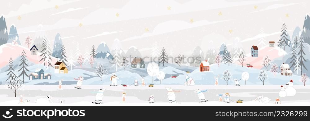 Winter landscape with happy polar bear and rabbit playing ice skates in the park at night,Vector banner Winter wonderland bunny and bear celebrating in forest,Christmas and New year 2023 background