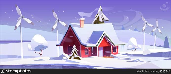 Winter landscape with house and wind turbines. Vector cartoon illustration of snowfall, ice rink, windmills and modern cottage with snow on roof. Eco friendly power generation, green energy concept. Winter landscape with house and wind turbines