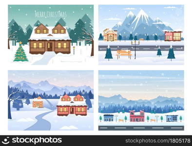 Winter Landscape With House Background, Panorama Snowfall, Town, Trees Or Mountain Silhouette. Christmas and Happy New Year Vector Illustration