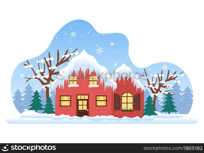 Winter Landscape With House Background, Panorama Snowfall, Town, Trees Or Mountain Silhouette. Christmas and Happy New Year Vector Illustration