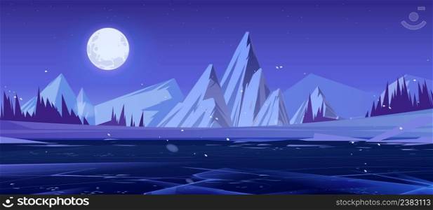 Winter landscape with ice rink, forest and mountains at night. Vector cartoon illustration of nordic nature scene with frozen lake, coniferous trees, snow, rocks and full moon sky. Winter landscape with ice and mountains at night