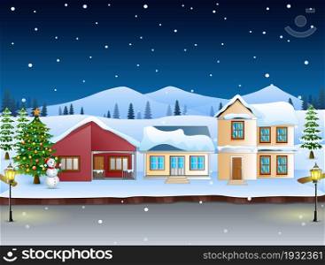 Winter landscape with mountains and snowy house