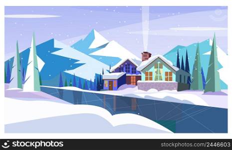 Winter landscape with mountains, frozen river and cottages. Snowy country scene vector illustration. Winter country concept. For websites, wallpapers, posters or banners.