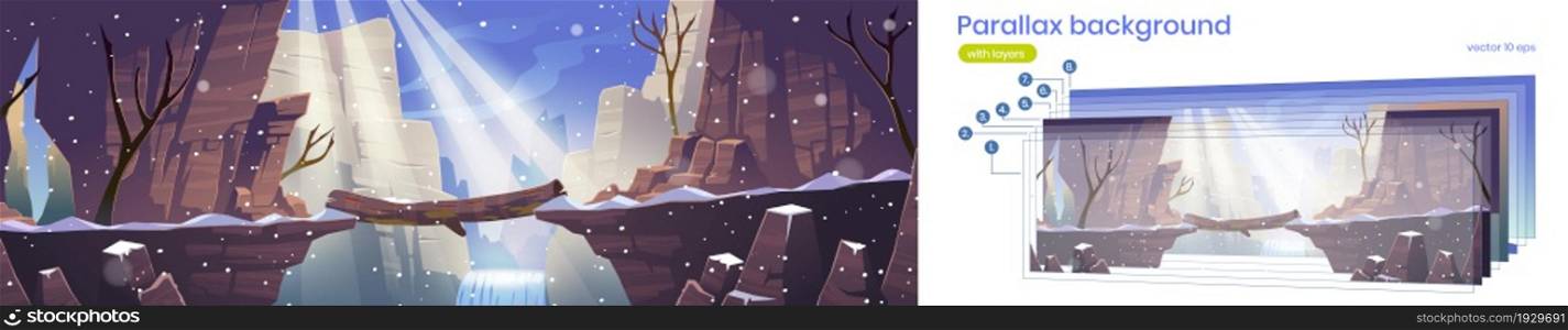 Winter landscape with mountains, log bridge above river, waterfall and bare trees. Vector parallax background with cartoon illustration of precipice between rock cliffs, water stream and snowfall. Parallax background with winter landscape