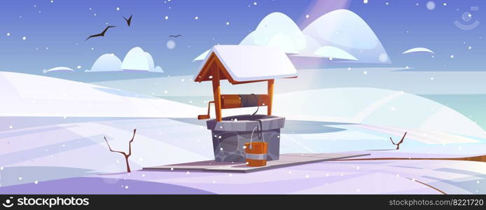 Winter landscape with old stone well with drinking water on snowy hill. Vintage well with snow on wood roof, pulley and bucket. Basin for water source or spring in village, Cartoon vector illustration. Winter landscape with old stone well on snowy hill