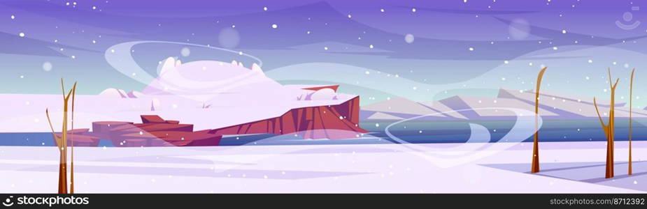 Winter landscape with sea harbor, island with hill and mountains on horizon. Vector cartoon illustration of sea or lake coast, white snow, rocks and bare trees. Winter landscape with sea and island with hill