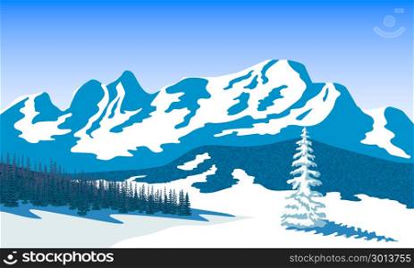 Winter landscape with silhouettes of mountains and forest. Snow and shadows. Vector illustration. Winter landscape with silhouettes of mountains and forest. Snow and shadows. Vector illustration. Peaks, hills, trees, mist, sun beam with sunrise or sunset sky. For prints, posters, wallpapers, web