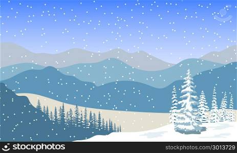 Winter landscape with silhouettes of mountains, snowfall and forest at sunrise. Winter landscape with silhouettes of mountains, snowfall and forest at sunrise. Vector illustration. mountains, hills, trees, mist, sun beam with sunrise or sunset sky. For prints, web, background