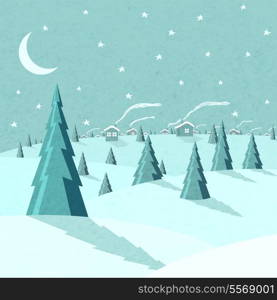 Winter landscape with snow moon and forest vector illustration