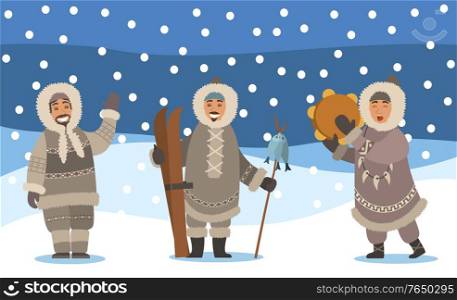 Winter landscape with snowfall and set of eskimos. Man and woman representatives of inuits. Arctic people waving hand, holding ski equipment and hunted fish on stick. Female singing songs vector. Inuit People Outdoors, Eskimos Set with Landscape
