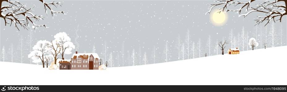 Winter landscape with snowing covring,Vector illustration wonderland farm house in village with forest pine tree and branches without leaves.Horizontal banner for Christmas holiday or New year 2022