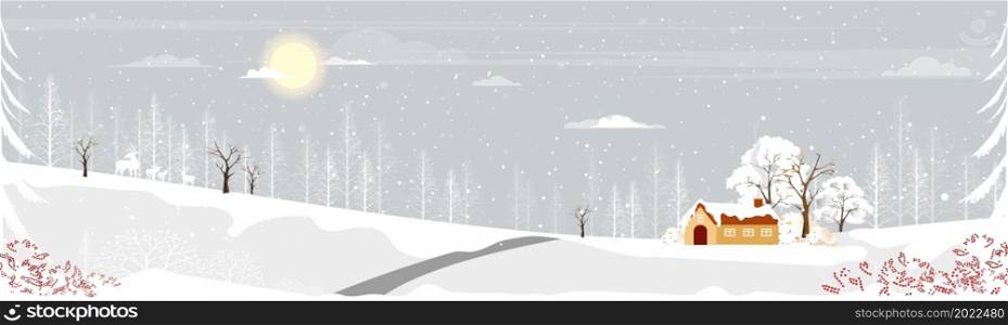 Winter landscape with snowing covring,Vector illustration wonderland farm house in village with forest pine tree and branches without leaves.Horizontal banner for Christmas holiday or New year 2022