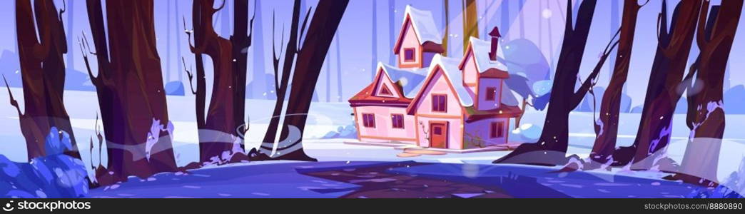 Winter landscape with snowy forest and village house. Nature scene with countryside cottage under white snow, garden with trees and bushes, vector cartoon illustration. Winter landscape with forest and village house