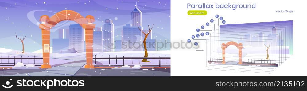 Winter landscape with stone arch entrance to city park, metal fence and snow. Vector parallax background for 2d animation with cartoon garden with archway entry, bare trees and snowfall. Parallax background, winter park with stone arch