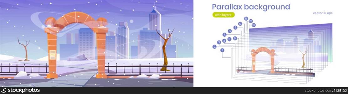 Winter landscape with stone arch entrance to city park, metal fence and snow. Vector parallax background for 2d animation with cartoon garden with archway entry, bare trees and snowfall. Parallax background, winter park with stone arch