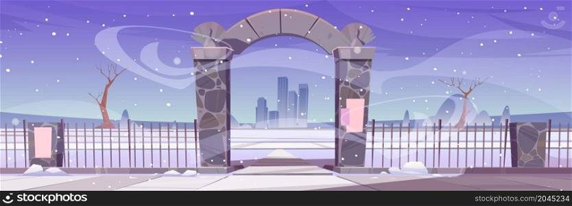 Winter landscape with stone arch entrance to public park or garden, snow, bare trees and city buildings on skyline. Vector cartoon illustration of fence with archway portal and snowfall. Winter landscape with stone arch entrance to park