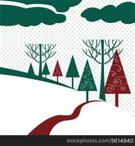 Winter landscape with trees in snowfall, christmas background