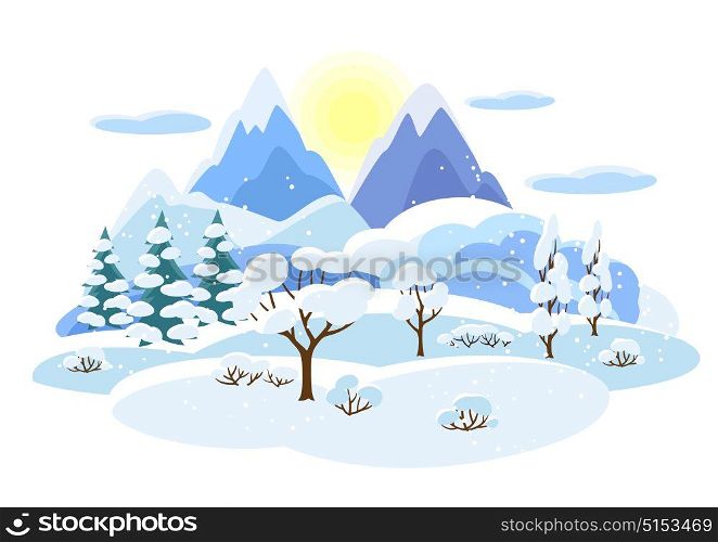 Winter landscape with trees, mountains and hills. Seasonal illustration. Winter landscape with trees, mountains and hills. Seasonal illustration.