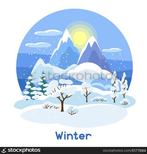 Winter landscape with trees, mountains and hills. Seasonal illustration. Winter landscape with trees, mountains and hills. Seasonal illustration.