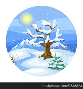 Winter landscape with trees, mountains and hills. Seasonal nature illustration.. Winter landscape with trees, mountains and hills.