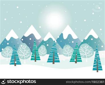 Winter landscape with trees, snow, forest and mountains. Vector illustration.