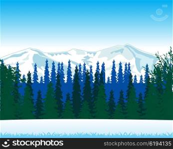 Winter landscape with wood and mountain. Vector illustration of the clean winter day on nature