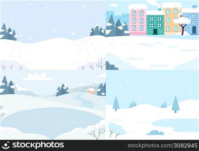 Winter landscapes colletion. Vector snow season christmas, nature cold card, outdoor scenery lake and covered snow illustration. Winter landscapes colletion. Vector snow season christmas
