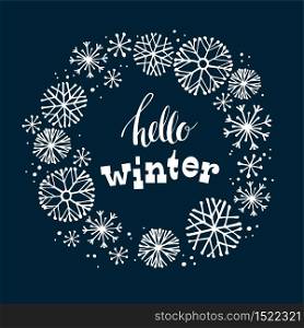 Winter lettering design on snow background with hand drawn snowflake frame. Design element for poster, card, flyer and other users. Winter lettering design on snow background with hand drawn snowflake frame.