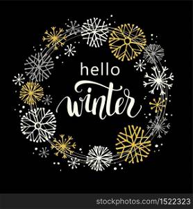 Winter lettering design on snow background with hand drawn snowflake frame. Design element for poster, card, flyer and other users. Winter lettering design on snow background with hand drawn snowflake frame.