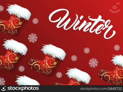 Winter lettering on background with Santa Claus felt boots. Christmas design template. Handwritten text, calligraphy. For greeting cards, leaflets, brochures, invitations, posters or banners.