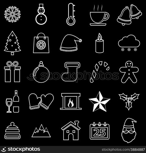 Winter line icons on black background, stock vector
