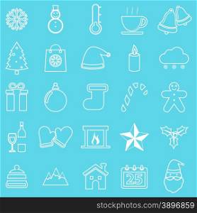 Winter line icons on blue background, stock vector