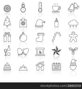 Winter line icons with reflect on white, stock vector