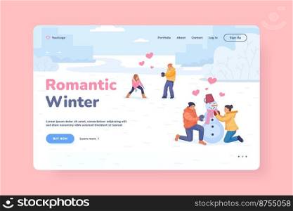 Winter love proposal. Romantic couple people with hearts in snow outdoors, calendar holiday valentine or christmas, landing page vector. Illustration of winter proposal valentine relationship. Winter love proposal. Romantic couple people with hearts in snow outdoors, calendar holiday valentine or christmas, landing page vector
