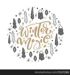 Winter Magic vector scandinavian calligraphic vintage text in form of round ball with Christmas elements. Greeting card template with vintage style elements Doodle Illustration.. Winter Magic vector scandinavian calligraphic vintage text in form of round ball with Christmas elements. Greeting card template with vintage style elements Doodle Illustration