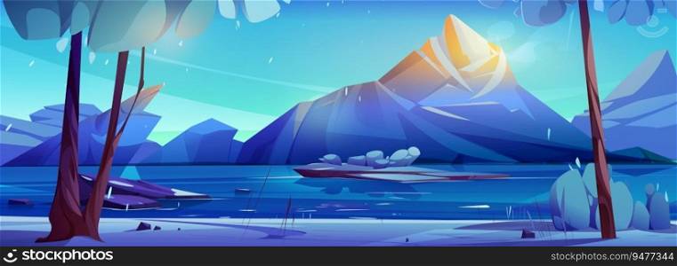 Winter mountain and ice lake in forest landscape background. Snowy cartoon environment with frozen river on north in morning. Sunrise sky on wilderness northern panorama. Fantasy alpine nature view. Winter mountain and ice lake in forest landscape