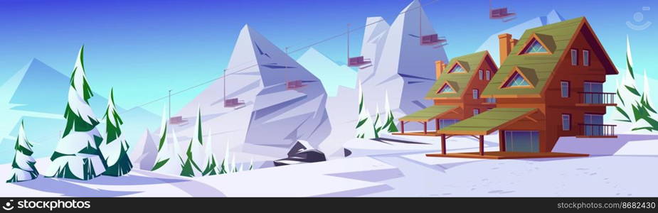 Winter mountain landscape with houses or chalet and funicular. Ski resort settlement with cableway over spruce trees and snowy peaks. Wintertime holidays vacation cottages, Cartoon vector illustration. Winter mountain landscape with chalet or funicular