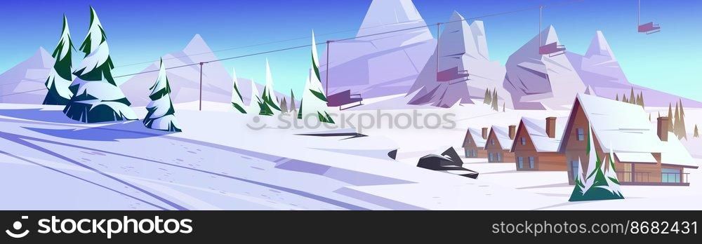 Winter mountain landscape with houses or chalet and funicular. Ski resort settlement with cableway over spruce trees and snowy peaks. Wintertime holidays vacation cottages, Cartoon vector illustration. Winter mountain landscape with chalet or funicular