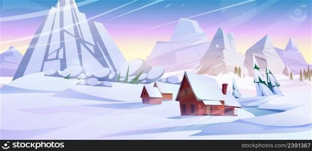 Winter mountain landscape with houses or chalet under snowslide. Ski resort settlement with spruce trees and snowy peaks after snow avalanche wintertime natural disaster, Cartoon vector illustration. Winter mountain landscape houses under snowslide