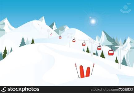 Winter mountain landscape with pair of skis in snow and ski lift against blue sky, winter holiday vacation and skiing concept vector illustration.