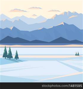 Winter mountain landscape with snow and illuminated mountain peaks, river, fir tree, plain, sunset, rising. Vector flat illustration.