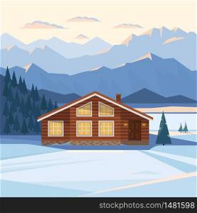 Winter mountain landscape with wooden house, chalet, snow, illuminated mountain peaks, hill, forest, river, fir trees, illuminated windows, sunset, dawn. Vector flat illustration.