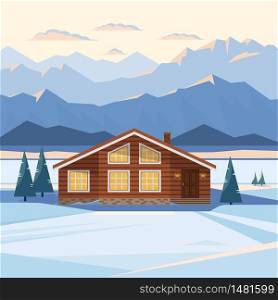 Winter mountain landscape with wooden house, chalet, snow, illuminated mountain peaks, river, fir trees, illuminated windows, sunset, dawn. Vector flat illustration.