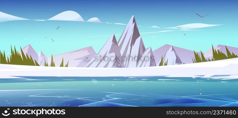 Winter mountains and frozen pond scenery landscape. Nature background with rocks under falling snow flakes. Resort, wild park or garden with white ice peaks under blue sky, Cartoon vector illustration. Winter mountains and frozen pond scenery landscape