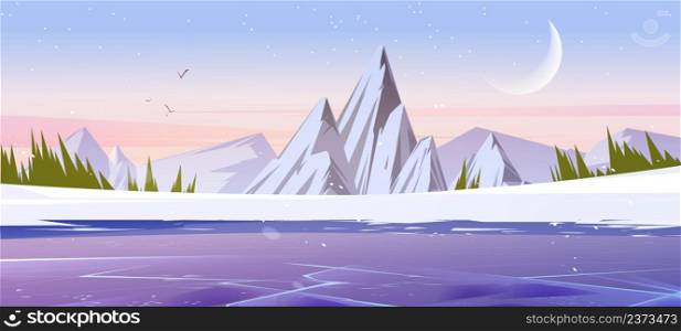 Winter mountains landscape, nature background with scenery rocks and frozen pond under falling snowflakes. Resort, wild park or garden with white ice peaks under pink sky, Cartoon vector illustration. Winter mountains landscape, nature background