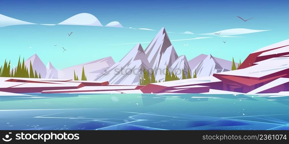 Winter mountains scenery landscape, nature background with rocks covered with snow, conifers and frozen pond. Resort, wild park or garden with icy peaks under blue sky, Cartoon vector illustration. Winter mountains scenery landscape, nature scene
