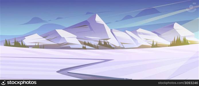 Winter mountains scenery landscape, nature background with trodden path lead to rocks, land covered with snow. Resort, wild park or garden with icy peaks under blue sky, Cartoon vector illustration. Winter mountains scenery landscape, nature view