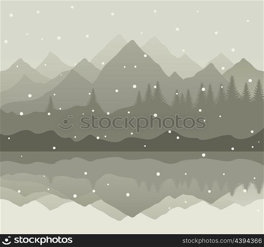 Winter mountains. Snow goes on mountain lake. A vector illustration