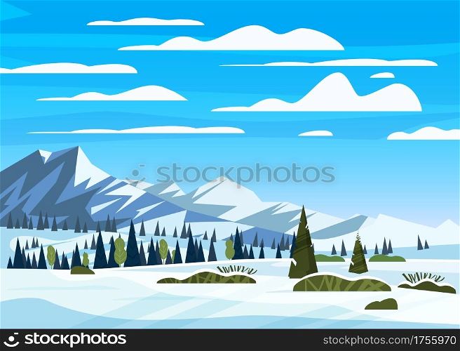 Winter mountains snow landscape panorama, pines ate, hills lonely building, field. Vector illustration card, poster, banner. Winter mountains snow landscape panorama, pines ate, hills lonely building, field. Vector illustration card, poster, banner template
