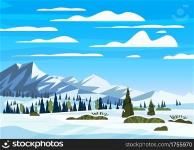 Winter mountains snow landscape panorama, pines ate, hills lonely building, field. Vector illustration card, poster, banner. Winter mountains snow landscape panorama, pines ate, hills lonely building, field. Vector illustration card, poster, banner template